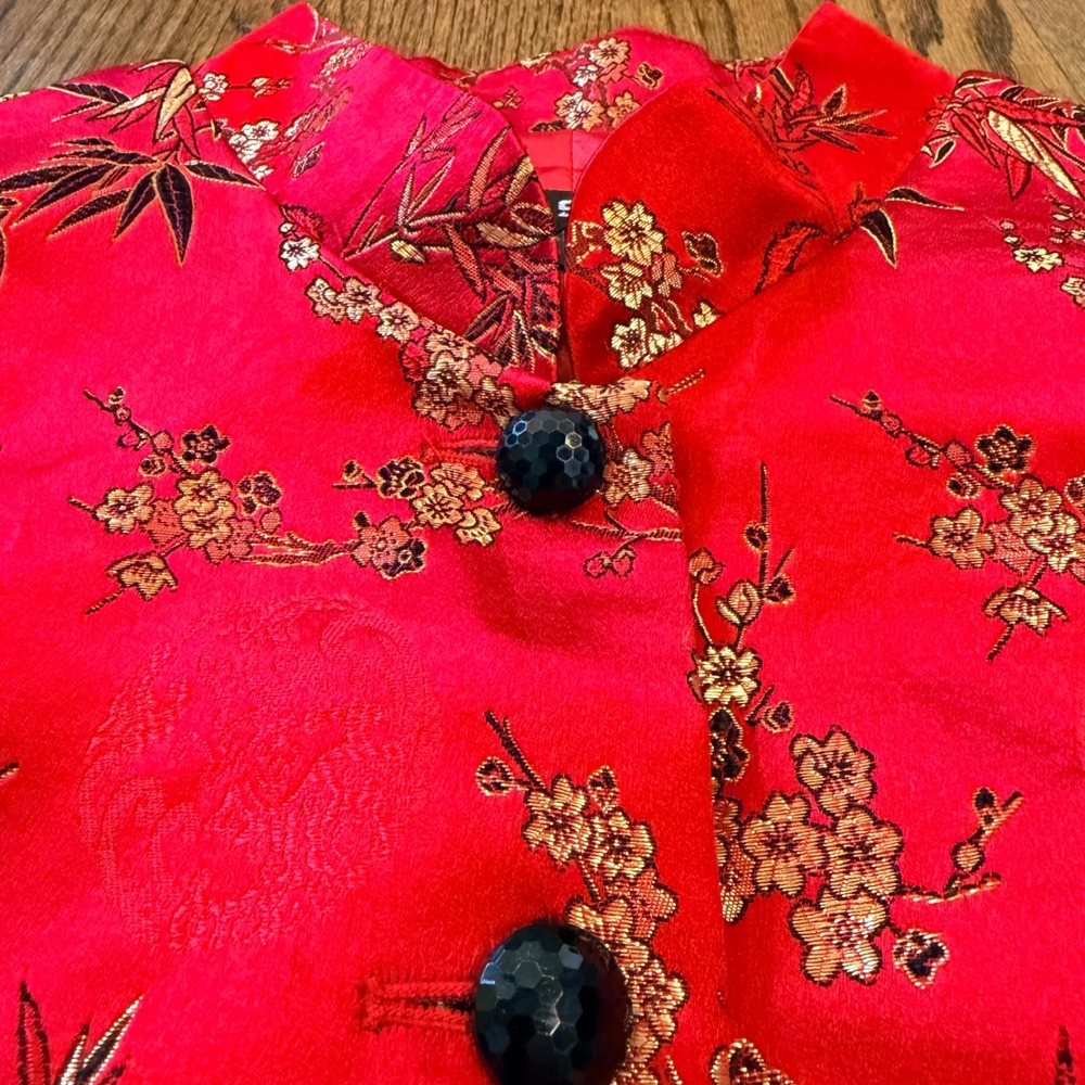 MSK Silk Blend Asian Inspired Floral Bamboo Jacquard Mandarin‎ Jacket 8 Red - Picture 3 of 9